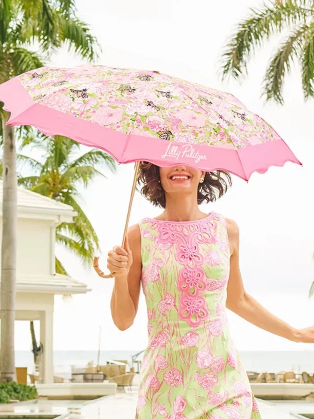 Lilly Pulitzer Pink Floral Women Umbrella with Faux Bamboo Handle - Picture 11 of 12